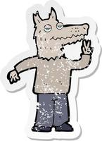 retro distressed sticker of a cartoon happy wolf man vector