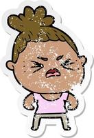 distressed sticker of a cartoon angry woman vector