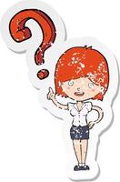 retro distressed sticker of a cartoon woman asking question vector