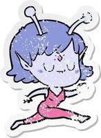 distressed sticker of a cartoon alien girl jumping vector