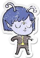 distressed sticker of a cartoon alien girl vector