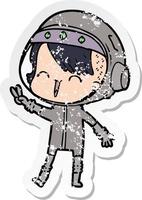 distressed sticker of a happy cartoon space girl giving peace sign vector