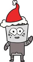 happy line drawing of a robot waving hello wearing santa hat vector