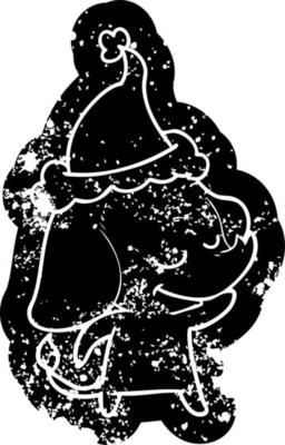 cartoon distressed icon of a smiling elephant wearing santa hat
