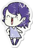 distressed sticker of a cute cartoon happy vampire girl vector