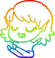 rainbow gradient line drawing happy cartoon elf girl sitting vector