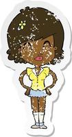 retro distressed sticker of a cartoon happy woman vector