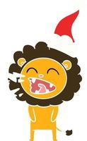 flat color illustration of a roaring lion wearing santa hat vector