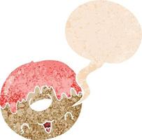 cute cartoon donut and speech bubble in retro textured style vector