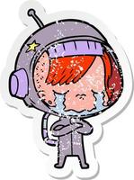 pegatina angustiada de una niña astronauta llorando de dibujos animados vector