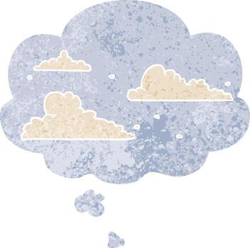 cartoon clouds and thought bubble in retro textured style vector