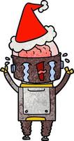 textured cartoon of a crying robot wearing santa hat vector