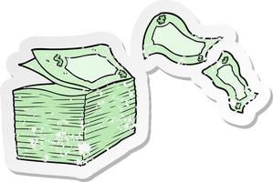 distressed sticker of a cartoon money blowing away vector