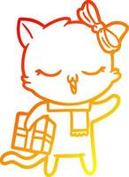 warm gradient line drawing cartoon girl cat with christmas present vector