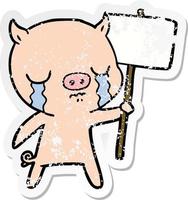 distressed sticker of a cartoon crying pig with sign post vector