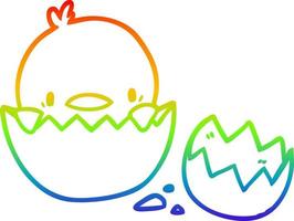 dibujo de línea de gradiente de arco iris lindo pollito de dibujos animados saliendo del huevo vector