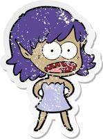 distressed sticker of a cartoon shocked elf girl vector