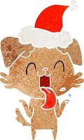 retro cartoon of a panting dog shrugging shoulders wearing santa hat