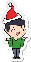 sticker cartoon of a laughing confused man wearing santa hat vector