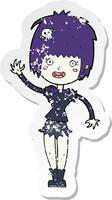 retro distressed sticker of a cartoon waving vampire girl vector