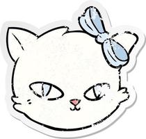 distressed sticker of a cartoon cat wearing bow vector