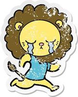 distressed sticker of a crying cartoon lion vector