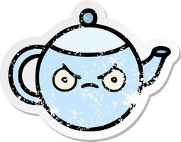 distressed sticker of a cute cartoon angry tea pot vector