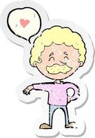 retro distressed sticker of a cartoon mustache man in love vector