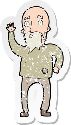 retro distressed sticker of a cartoon old man waving