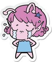 sticker of a cartoon crying alien girl vector