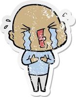 distressed sticker of a cartoon crying bald man vector