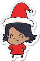 pegatina, caricatura, de, un, amistoso, niña, llevando, santa sombrero vector