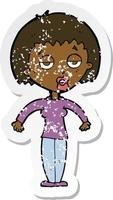 retro distressed sticker of a cartoon woman shrugging shoulders vector