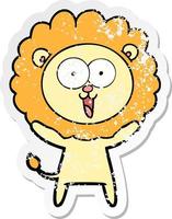 distressed sticker of a happy cartoon lion vector