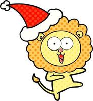 happy comic book style illustration of a lion wearing santa hat vector
