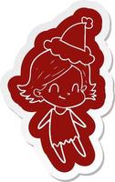 cartoon  sticker of a friendly girl wearing santa hat vector