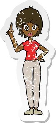 retro distressed sticker of a cartoon woman explaining her point