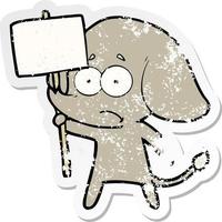 distressed sticker of a cartoon unsure elephant with protest sign vector
