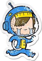 distressed sticker of a cartoon crying astronaut girl running vector