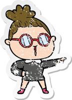 distressed sticker of a cartoon woman wearing spectacles vector