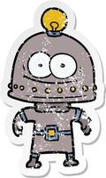 distressed sticker of a happy carton robot with light bulb vector