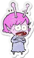 distressed sticker of a cartoon shocked alien girl vector