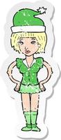 retro distressed sticker of a cartoon woman in christmas elf outfit vector