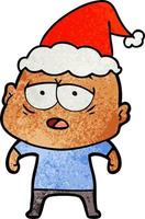 textured cartoon of a tired bald man wearing santa hat vector