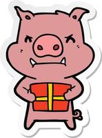 sticker of a angry cartoon pig with christmas gift vector