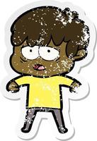 distressed sticker of a cartoon exhausted boy vector