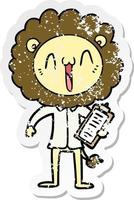 distressed sticker of a happy cartoon lion vector