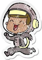 distressed sticker of a happy cartoon astronaut vector