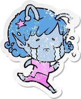 distressed sticker of a cartoon crying alien girl vector