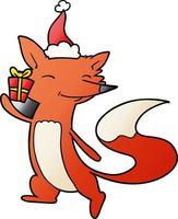 gradient cartoon of a happy fox wearing santa hat vector